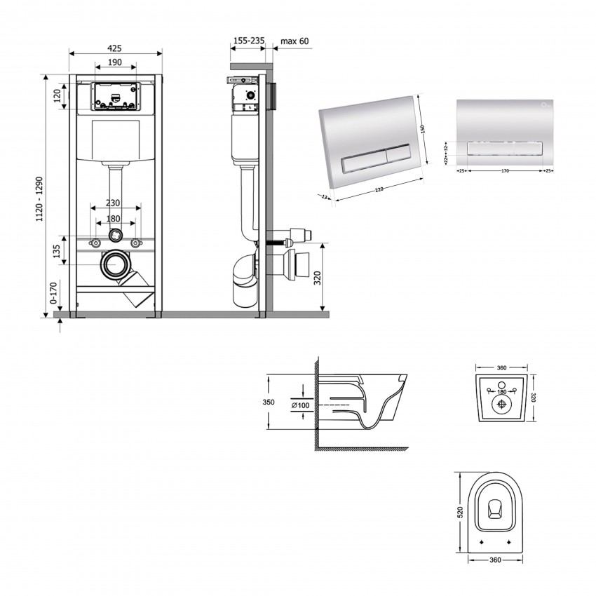 Готове рішення Qtap для ванної кімнати: підвісний унітаз Jay Ultra Quiet 520x360x320 + комплект інсталяції Nest 4 в 1 (лінійна клавіша Chrome) QTAP фото 1
