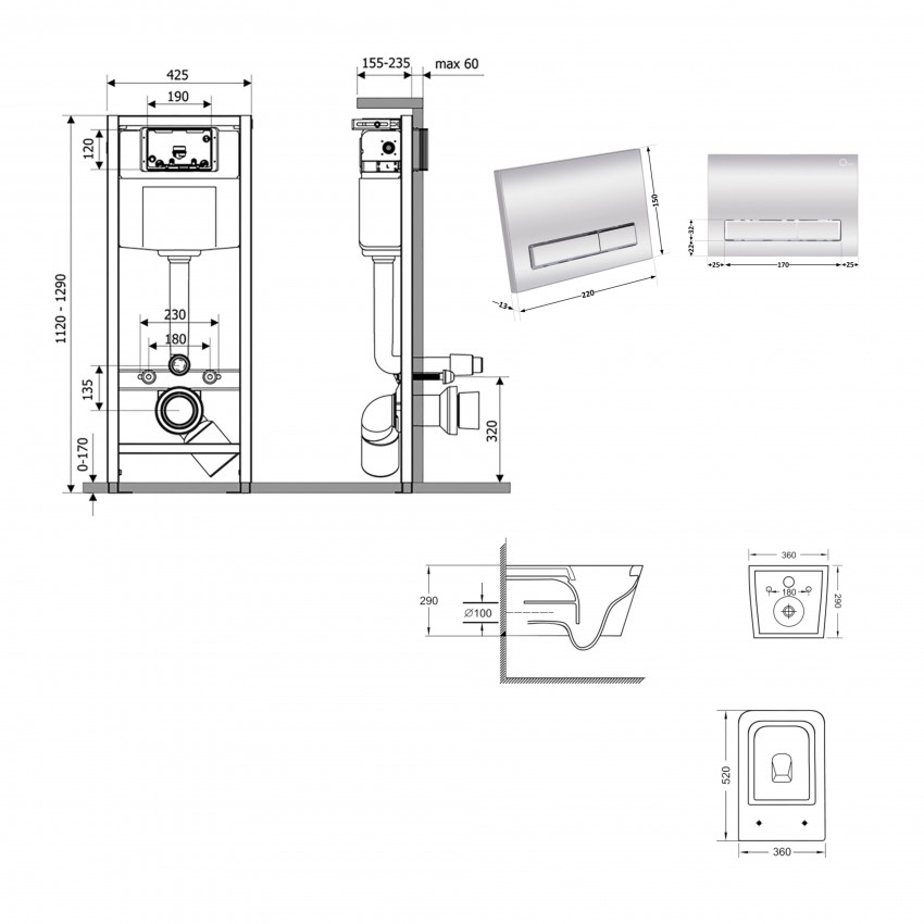 Готове рішення Qtap для ванної кімнати: підвісний унітаз Crow Ultra Quiet 520x360x290 + комплект інсталяції Nest 4 в 1 (лінійна клавіша Chrome) QTAP фото 1