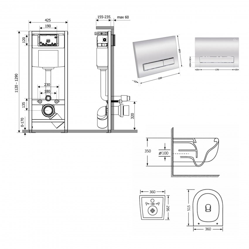 Готове рішення Qtap для ванної кімнати: підвісний унітаз Taurus Ultra Quiet 515×360×350 + комплект інсталяції Nest 4 в 1 (лінійна клавіша Chrome) QTAP фото 1