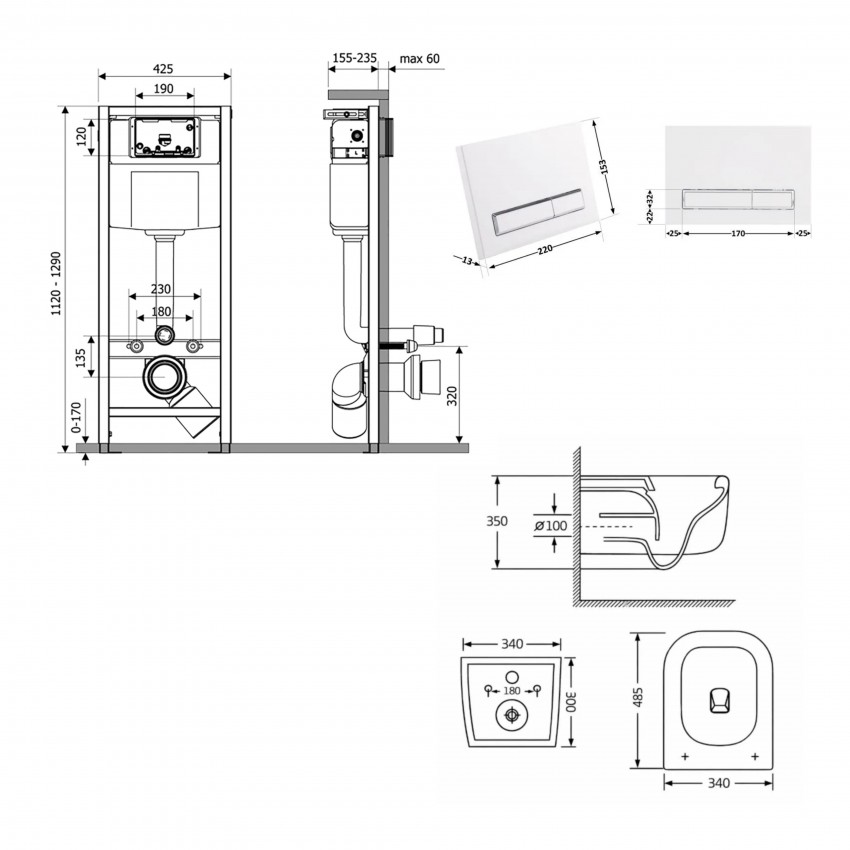 Готове рішення Qtap для ванної кімнати: підвісний унітаз Gemini Ultra Quiet 485×340×350 + комплект інсталяції Nest 4 в 1 (лінійна клавіша White) QTAP фото 1