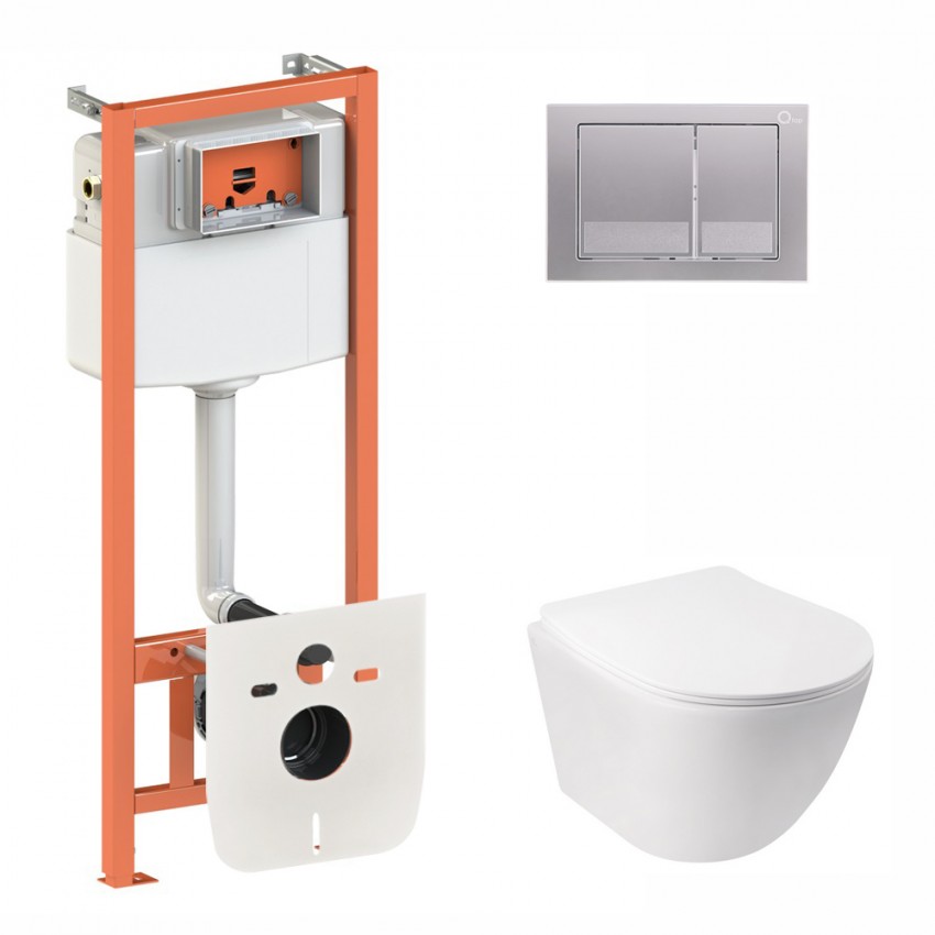 Готове рішення Qtap для ванної кімнати: підвісний унітаз Jay Rimless 520х360х320 + комплект інсталяції Nest 4 в 1 (квадратна клавіша Satin) QTAP