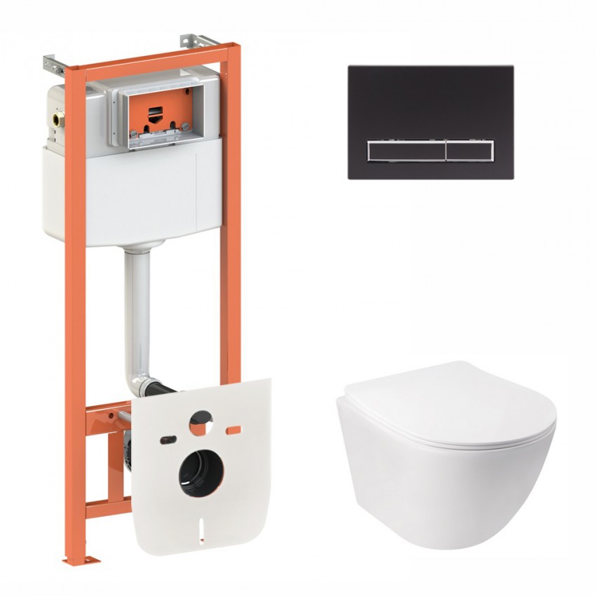 Готове рішення Qtap для ванної кімнати: підвісний унітаз Jay Rimless 520х360х320 + комплект інсталяції Nest 4 в 1 (лінійна клавіша Black mat) QTAP