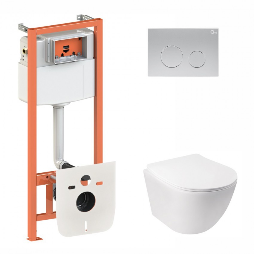 Готове рішення Qtap для ванної кімнати: підвісний унітаз Jay Rimless 520х360х320 + комплект інсталяції Nest 4 в 1 (кругла клавіша Satin) QTAP