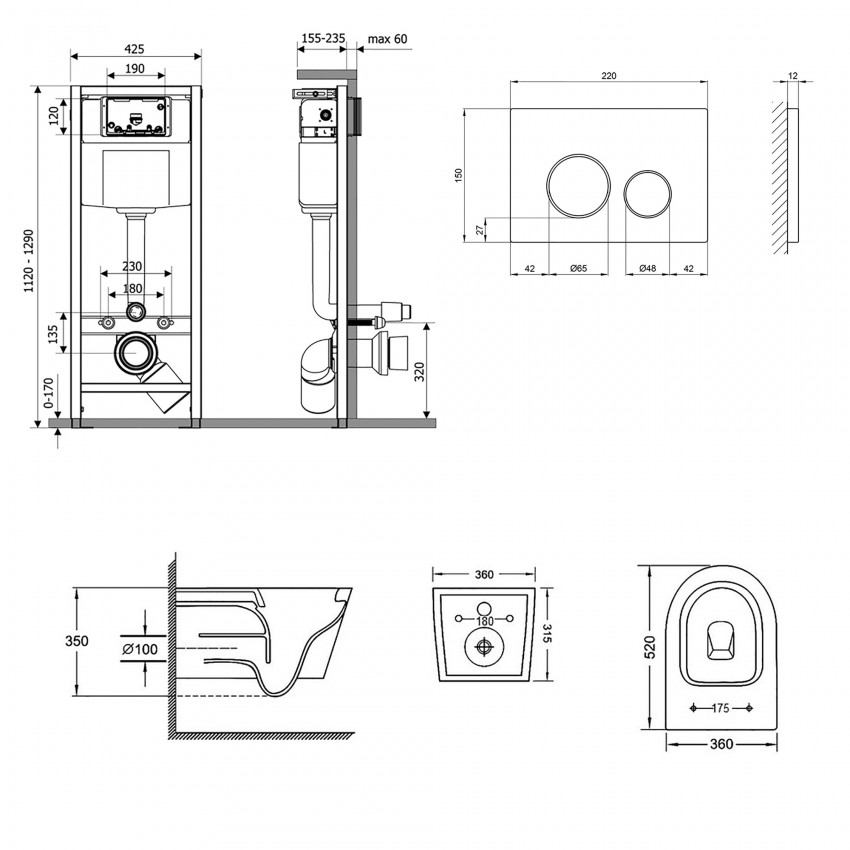 Готове рішення Qtap для ванної кімнати: підвісний унітаз Jay Rimless 520х360х320 + комплект інсталяції Nest 4 в 1 (кругла клавіша Chrome) QTAP фото 1