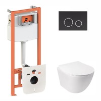 Готове рішення Qtap для ванної кімнати: підвісний унітаз Jay Rimless 520х360х320 + комплект інсталяції Nest 4 в 1 (кругла клавіша Black mat) QTAP