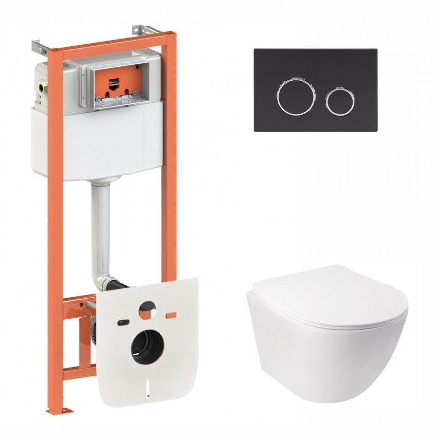 Готове рішення Qtap для ванної кімнати: підвісний унітаз Jay Rimless 520х360х320 + комплект інсталяції Nest 4 в 1 (кругла клавіша Black mat) QTAP