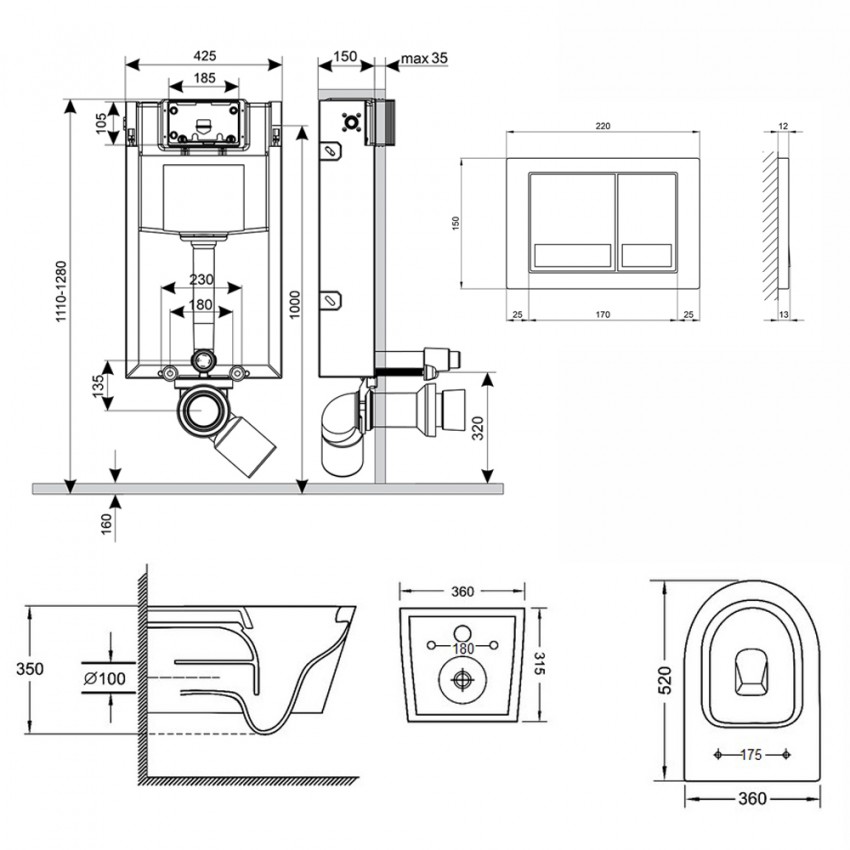 Готове рішення Qtap для ванної кімнати: підвісний унітаз Jay Rimless 520х360х320 + комплект інсталяції Nest 4 в 1 (квадратна клавіша Satin) QTAP фото 1