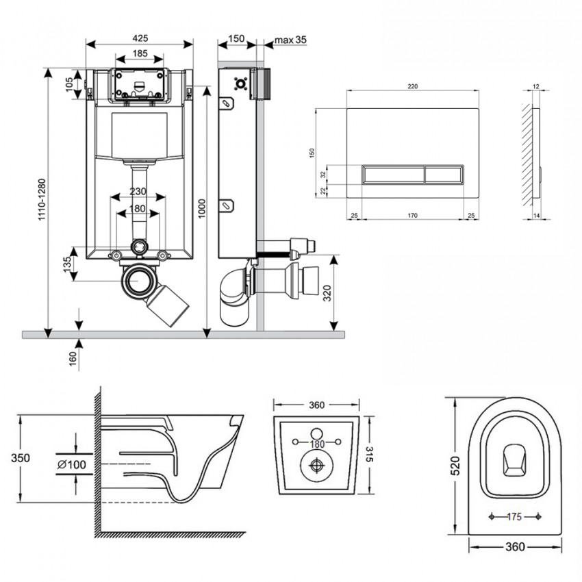 Готове рішення Qtap для ванної кімнати: підвісний унітаз Jay Rimless 520х360х320 + комплект інсталяції Nest 4 в 1 (лінійна клавіша Black mat) QTAP фото 1