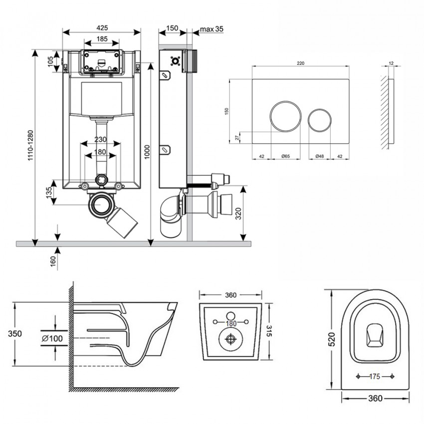 Готове рішення Qtap для ванної кімнати: підвісний унітаз Jay Rimless 520х360х320 + комплект інсталяції Nest 4 в 1 (кругла клавіша Satin) QTAP фото 1