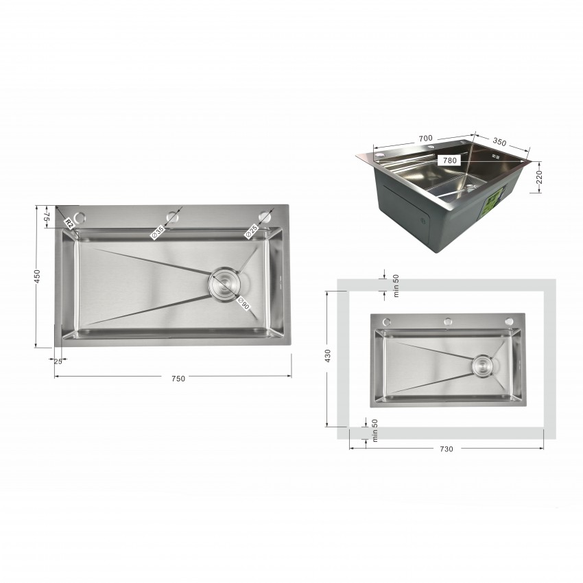 Мийка для кухні інтегрована Handmade H7545 Brushed Steel 3,0/1,0 мм LDH7545BRU49457 Lidz LIDZ фото 1