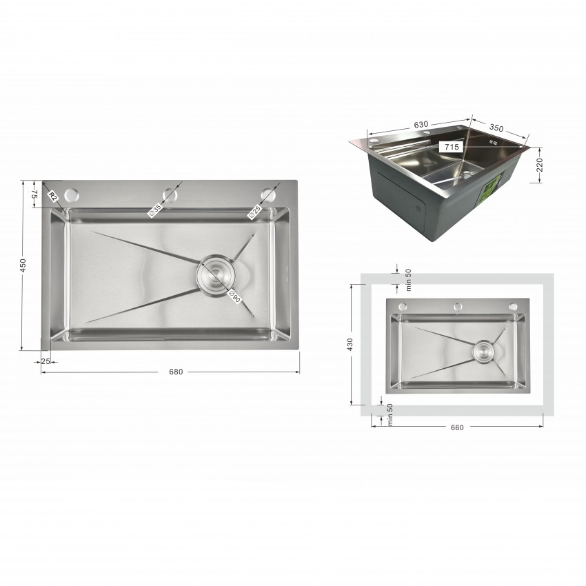 Мийка для кухні інтегрована Handmade H6845 Brushed Steel 3,0/1,0 мм LDH6845BRU49455 Lidz LIDZ фото 1