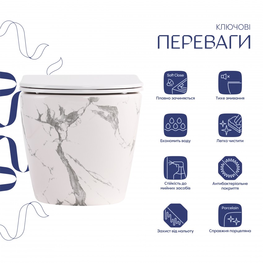 Унітаз підвісний Robin Ultra Quiet 520×365×340 мм, Marble, з сидінням Slim Duroplast / Soft-close / Quick Release QTROB26MR48998 Qtap QTAP фото 2