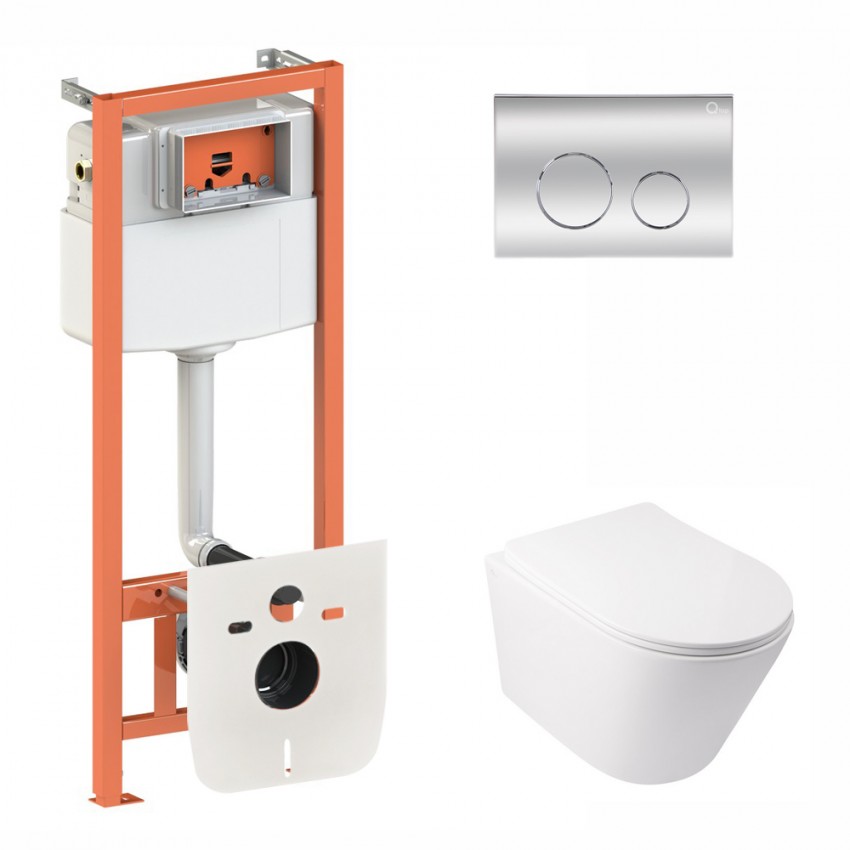 Готове рішення Qtap для ванної кімнати: підвісний унітаз Swan Rimless 520х360х320 + комплект інсталяції Nest 4 в 1 (кругла клавіша Chrome) QTAP