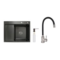 Акційний набір Lidz: мийка H6350BL інтегрована крило зліва Brushed Black PVD 3,0/1,0 мм + Змішувач Aria для кухні з гнучким виливом (k35) Black