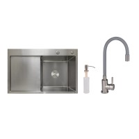 Акційний набір Lidz: мийка H7849L інтегрована крило зліва Brushed Steel 3,0/1,0 мм + Змішувач Aria для кухні з гнучким виливом (k35) Grey