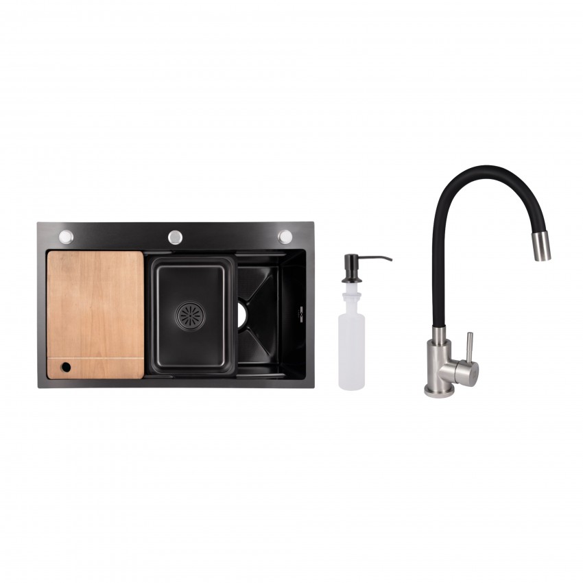 Акційний набір Lidz: мийка інтегрована Decor Black PVD Honeycomb 3,0/1,0 мм + Змішувач Aria для кухні з гнучким виливом (k35) Black LIDZ