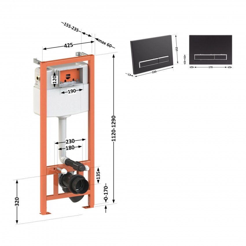 Комплект: Qtap Nest ST Інсталяція для унітазу 4 в 1 (Клавіша змиву 150x220x13 мм, Matt Black, лінійна) QTAP фото 1