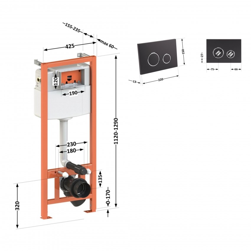 Комплект: Qtap Nest ST Інсталяція для унітазу 4 в 1 (Клавіша змиву 150x220x13 мм, Matt Black, кругла) QTAP фото 1