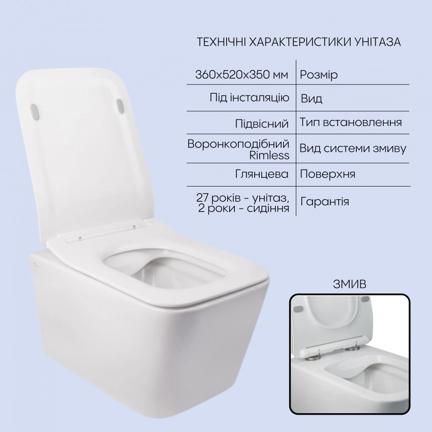 Готове рішення Qtap для ванної кімнати: підвісний унітаз Crow Rimless 520х360х290 + комплект інсталяції Nest 4 в 1 (лінійна клавіша Black mat) QTAP фото 2