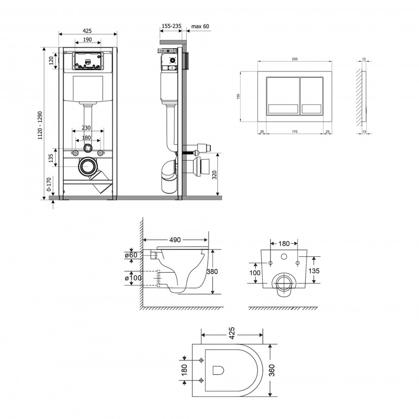 Готове рішення Qtap для ванної кімнати: підвісний унітаз Taurus Ultra Quiet 485×360×350 + комплект інсталяції Nest 4 в 1 (квадратна клавіша Chrome) QTAP фото 1