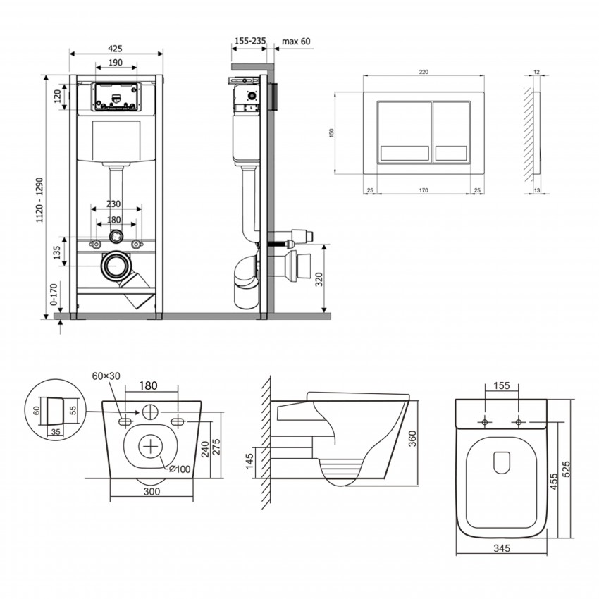 Готове рішення Qtap для ванної кімнати: підвісний унітаз Tern Ultra Quiet 525x345x360 + комплект інсталяції Nest 4 в 1 (квадратна клавіша Chrome) QTAP фото 1