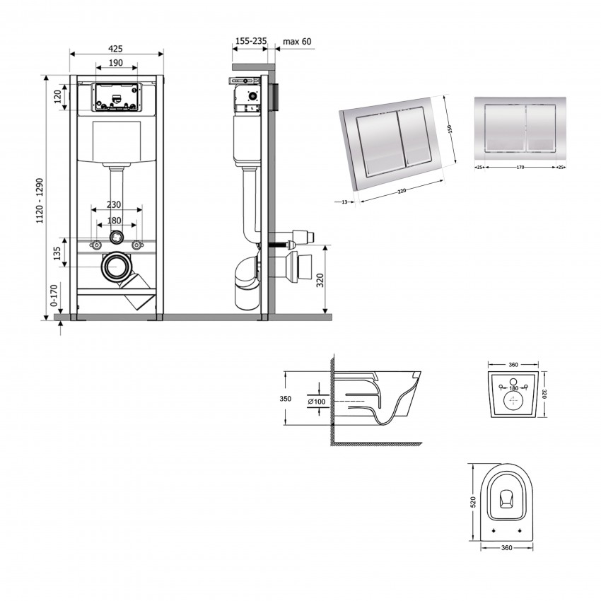 Готове рішення Qtap для ванної кімнати: підвісний унітаз Swan Ultra Quiet 520x360x320 + комплект інсталяції Nest 4 в 1 (квадратна клавіша Chrome) QTAP фото 1