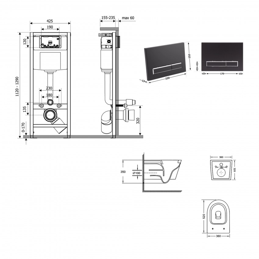 Готове рішення Qtap для ванної кімнати: підвісний унітаз Swan Ultra Quiet 520x360x320 + комплект інсталяції Nest 4 в 1 (лінійна клавіша Matt Black) QTAP фото 1