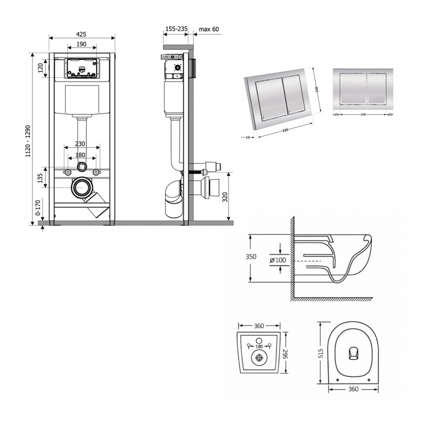 Готове рішення Qtap для ванної кімнати: підвісний унітаз Taurus Ultra Quiet 515×360×350 + комплект інсталяції Nest 4 в 1 (квадратна клавіша Chrome) QTAP фото 1
