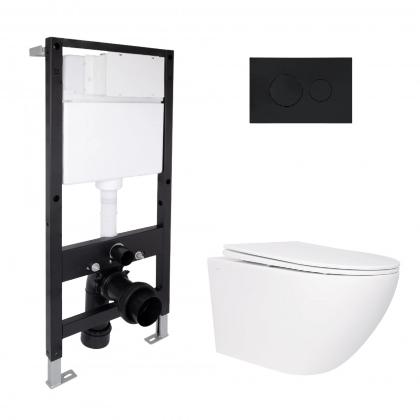 Готове рішення Qtap для ванної кімнати: підвісний унітаз Jay Rimless 520x360x320 + комплект інсталяції Standard (кругла клавіша Black) QTAP