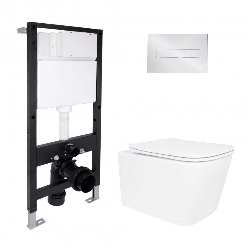 Готове рішення Qtap для ванної кімнати: підвісний унітаз Crow Rimless 485x340x330 + комплект інсталяції Standard (лінійна клавіша Chrome) QTAP