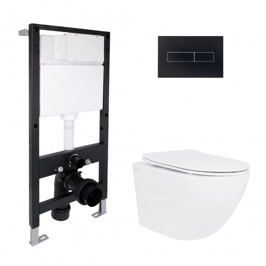Готове рішення Qtap для ванної кімнати: підвісний унітаз Jay Rimless 485x360x320 + комплект інсталяції Standard (лінійна клавіша Black) QTAP