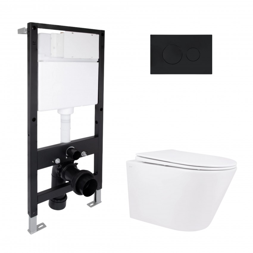 Готове рішення Qtap для ванної кімнати: підвісний унітаз Swan Rimless 520x360x320 + комплект інсталяції Standard (кругла клавіша Black) QTAP