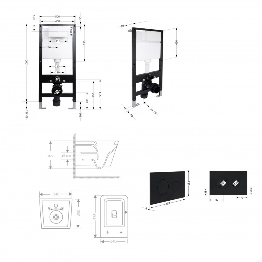 Готове рішення Qtap для ванної кімнати: підвісний унітаз Crow Rimless 485x340x330 + комплект інсталяції Standard (кругла клавіша Black) QTAP фото 1
