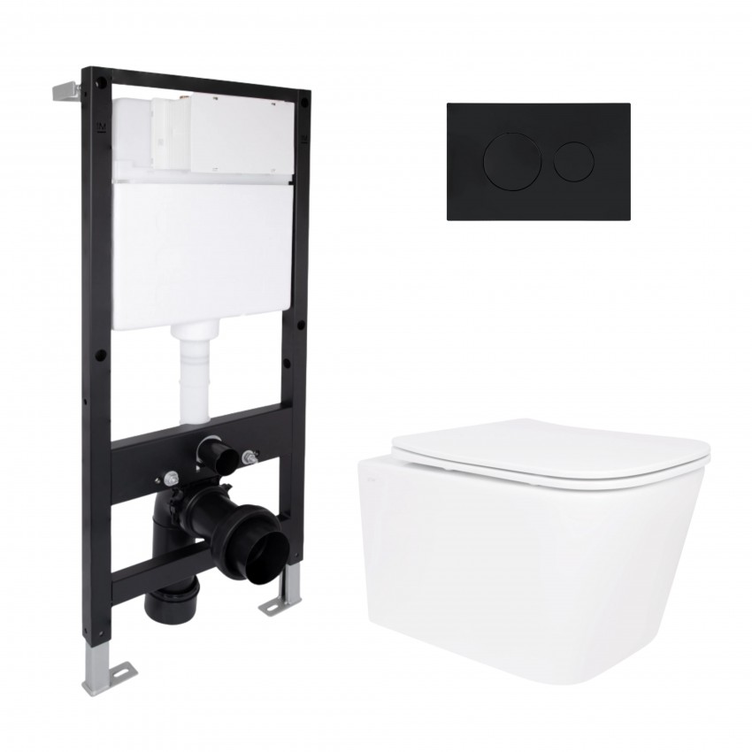 Готове рішення Qtap для ванної кімнати: підвісний унітаз Crow Rimless 485x340x330 + комплект інсталяції Standard (кругла клавіша Black) QTAP