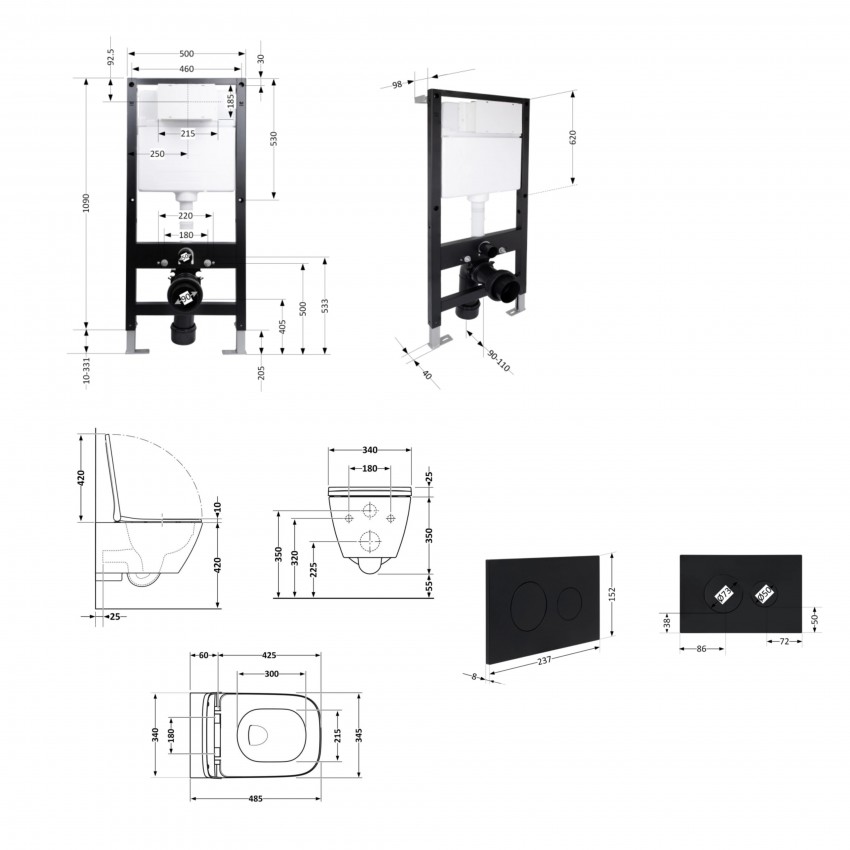 Готове рішення Qtap для ванної кімнати: підвісний унітаз Crow Ultra Quiet 485x340x290 + комплект інсталяції Standard (кругла клавіша Black) QTAP фото 1