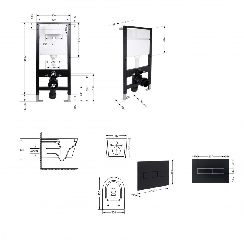 Готове рішення Qtap для ванної кімнати: підвісний унітаз Swan Ultra Quiet 520x360x320 + комплект інсталяції Standard (лінійна клавіша Black) QTAP фото 1