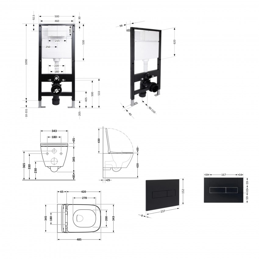 Готове рішення Qtap для ванної кімнати: підвісний унітаз Gemini Ultra Quiet 485x340x350 + комплект інсталяції Standard (лінійна клавіша Black) QTAP фото 1