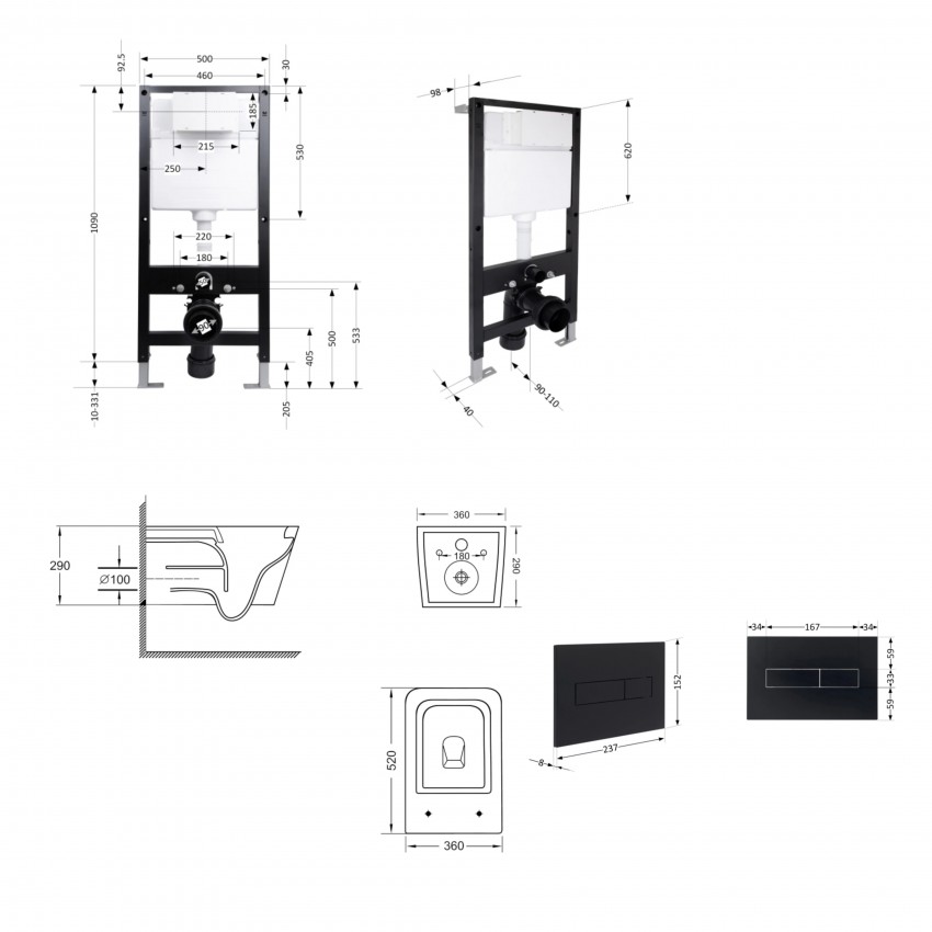 Готове рішення Qtap для ванної кімнати: підвісний унітаз Crow Ultra Quiet 520x360x290 + комплект інсталяції Standard (лінійна клавіша Black) QTAP фото 1