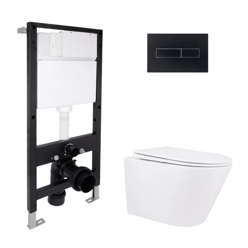 Готове рішення Qtap для ванної кімнати: підвісний унітаз Swan Rimless 520x360x320 + комплект інсталяції Standard (лінійна клавіша Black) QTAP