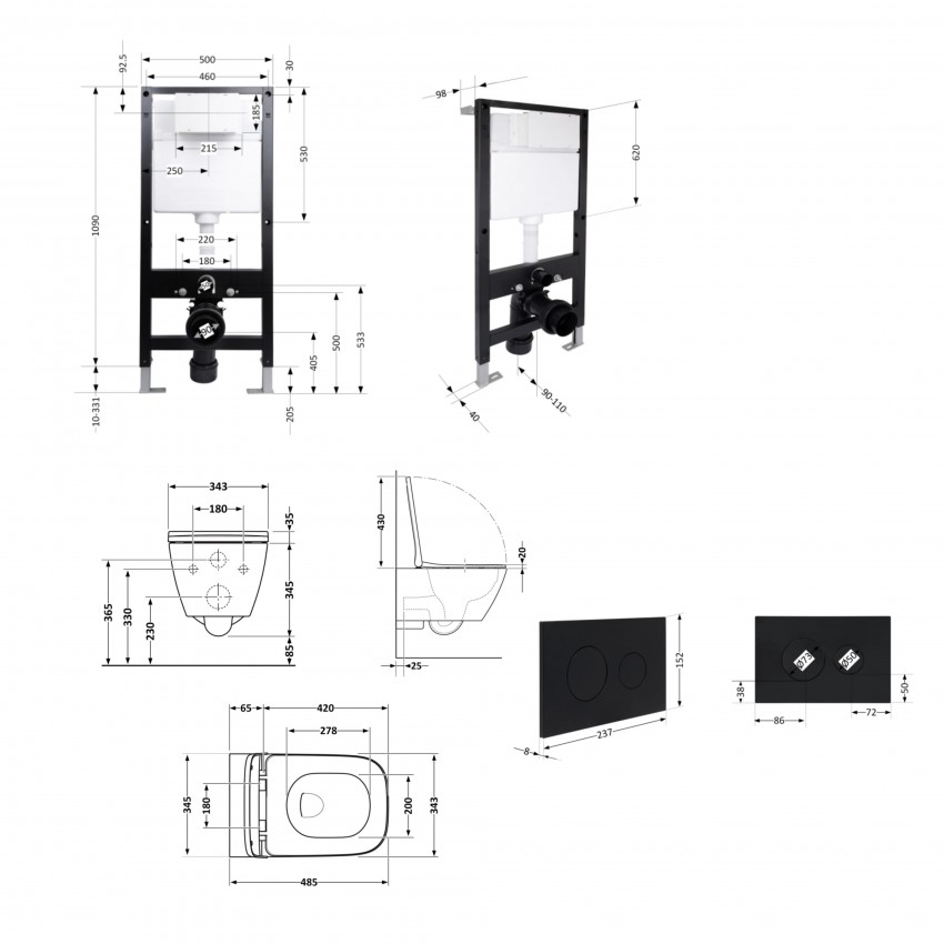 Готове рішення Qtap для ванної кімнати: підвісний унітаз Gemini Ultra Quiet 485x340x350 + комплект інсталяції Standard (кругла клавіша Black) QTAP фото 1