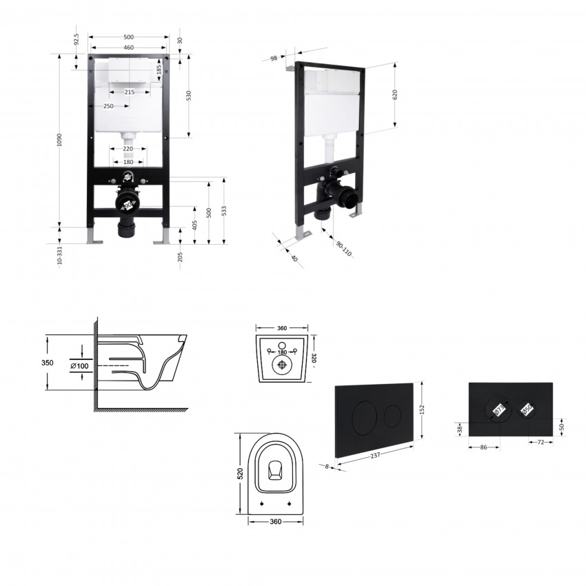 Готове рішення Qtap для ванної кімнати: підвісний унітаз Jay Ultra Quiet 520x360x320 + комплект інсталяції Standard (кругла клавіша Black) QTAP фото 1