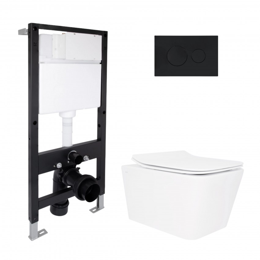 Готове рішення Qtap для ванної кімнати: підвісний унітаз Crow Rimless 520x360x290 + комплект інсталяції Standard (кругла клавіша Black) QTAP