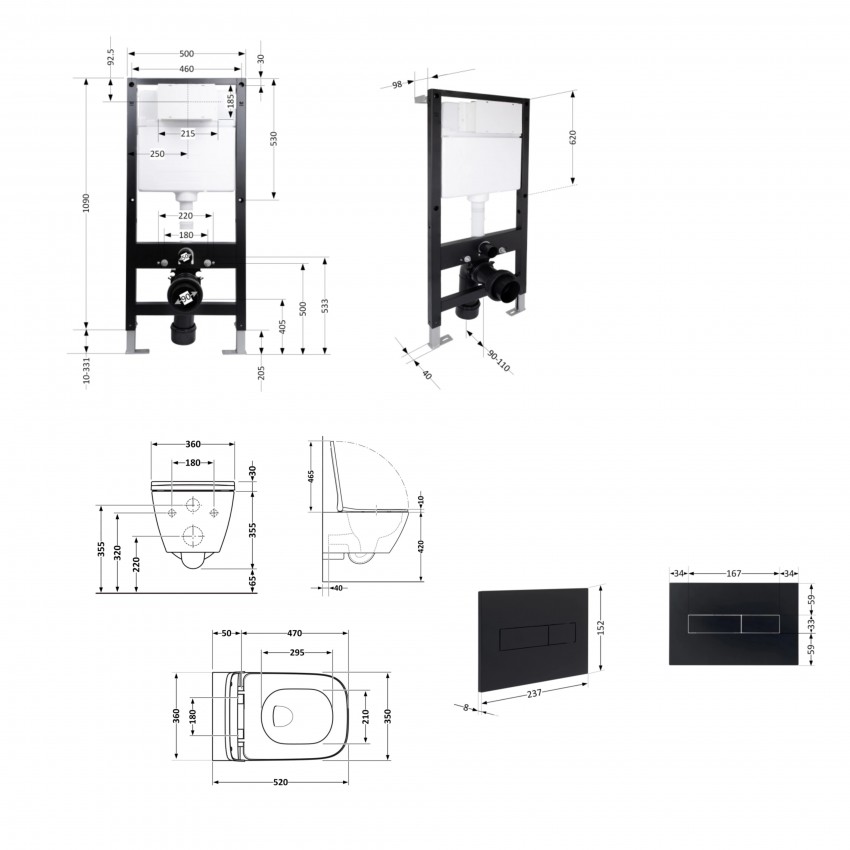 Готове рішення Qtap для ванної кімнати: підвісний унітаз Crow Rimless 520x360x290 + комплект інсталяції Standard (лінійна клавіша Black) QTAP фото 1
