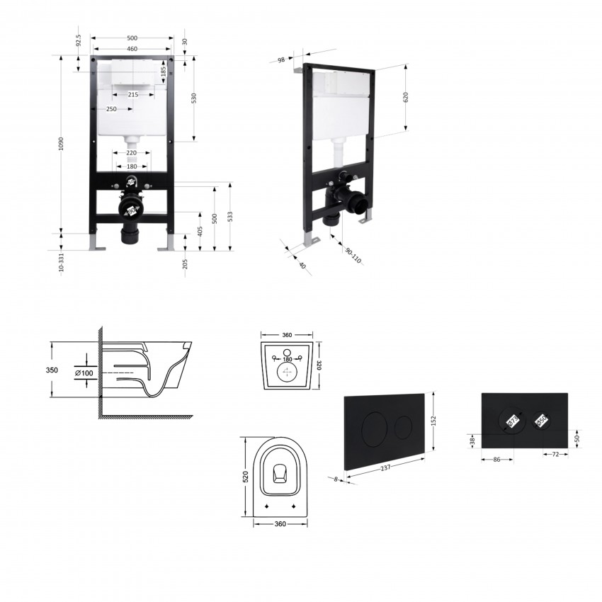 Готове рішення Qtap для ванної кімнати: підвісний унітаз Swan Ultra Quiet 520x360x320 + комплект інсталяції Standard (кругла клавіша Black) QTAP фото 1