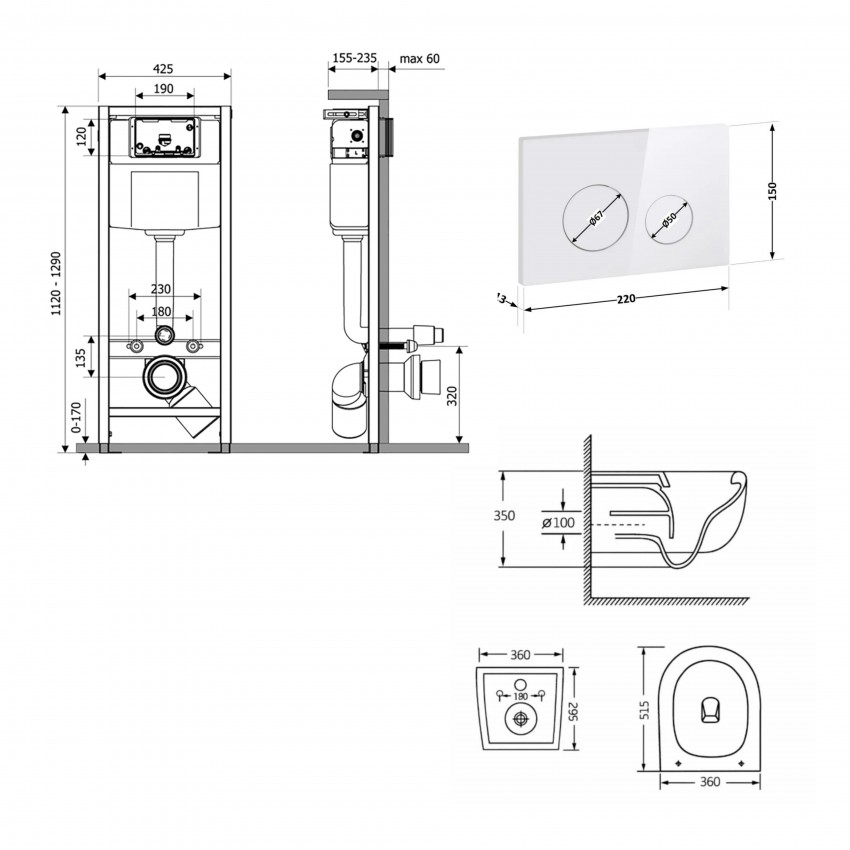 Готове рішення Qtap для ванної кімнати: підвісний унітаз Taurus Ultra Quiet 515×360×350 + комплект інсталяції Nest 4 в 1 (кругла клавіша White) QTAP фото 1