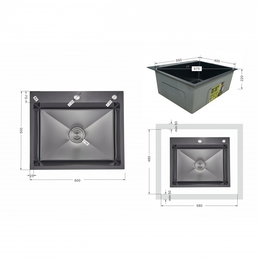 Мийка для кухні інтегрована Handmade H6050HB Decor Black PVD Honeycomb 2,5/0,5 мм LDH6050BDECPVD48371 Lidz LIDZ фото 1