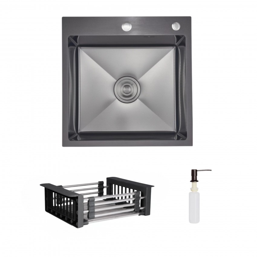 Комплект Lidz Handmade H5050HB Мийка для кухні інтегрована Decor Black PVD Honeycomb у комплекті з дозатором + Lidz LIDZK01B Корзина для кухонної мийки LIDZ