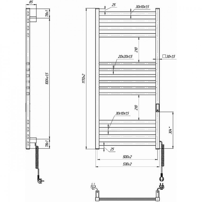 DAN117053000W Рушникосушка електрична, 1170х530мм, Ancoro, матеріал чорна сталь, к/т прихованого підключення, колір білий матовий (1 сорт) DEVIT фото 3