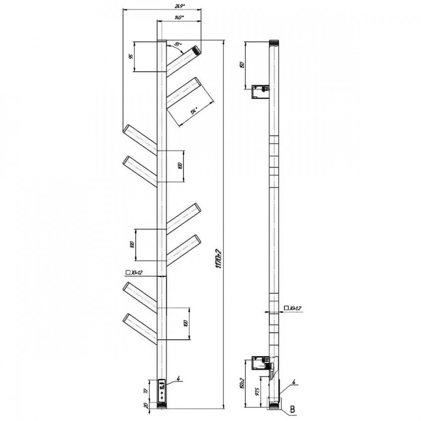 DPR117025000B Рушникосушка електрична, 1170х250мм, Albero, матеріал чорна сталь, к/т прихованого підключення, колір чорний матовий (1 сорт) DEVIT фото 2