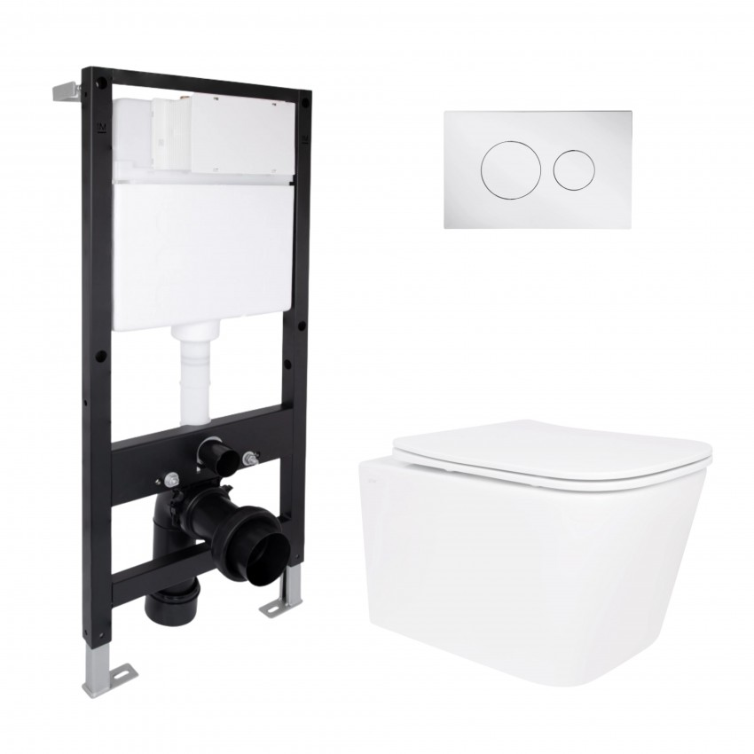 Готове рішення Qtap для ванної кімнати: підвісний унітаз Crow Rimless 485x340x330 + комплект інсталяції Standard (кругла клавіша Chrome) QTAP